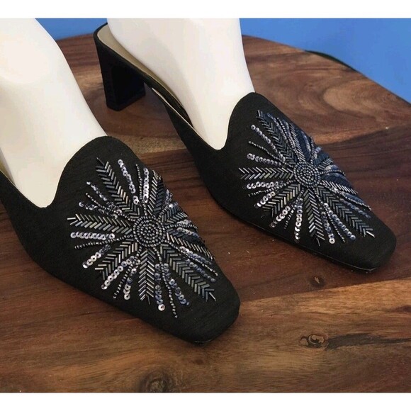 RARE Stefani Collection Beaded Silk Dress Mules Women's US8 Feather Design Black - Picture 6 of 13